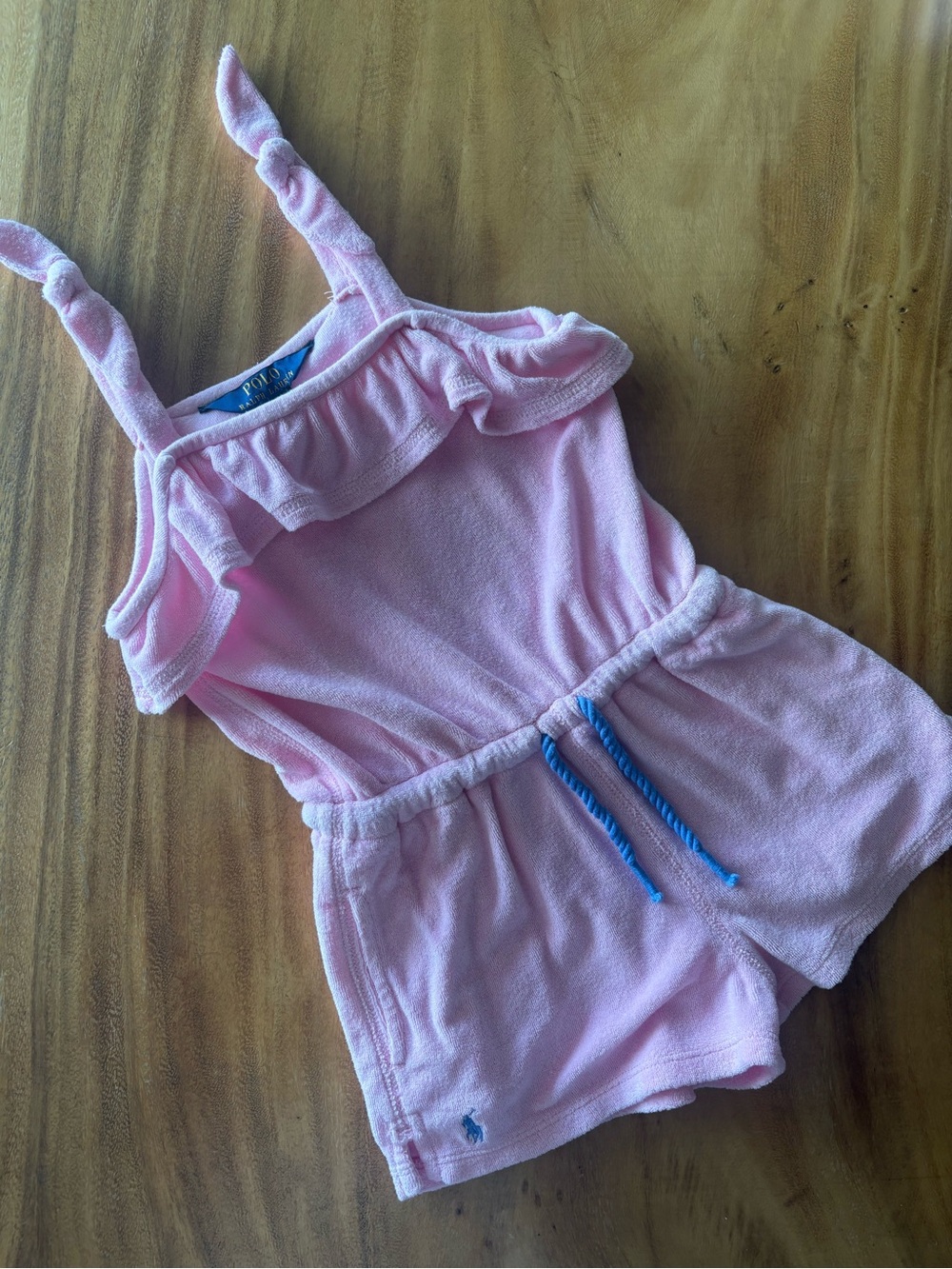 Ralph Lauren Pink Terry Cloth Romper with Blue Drawstring 3T